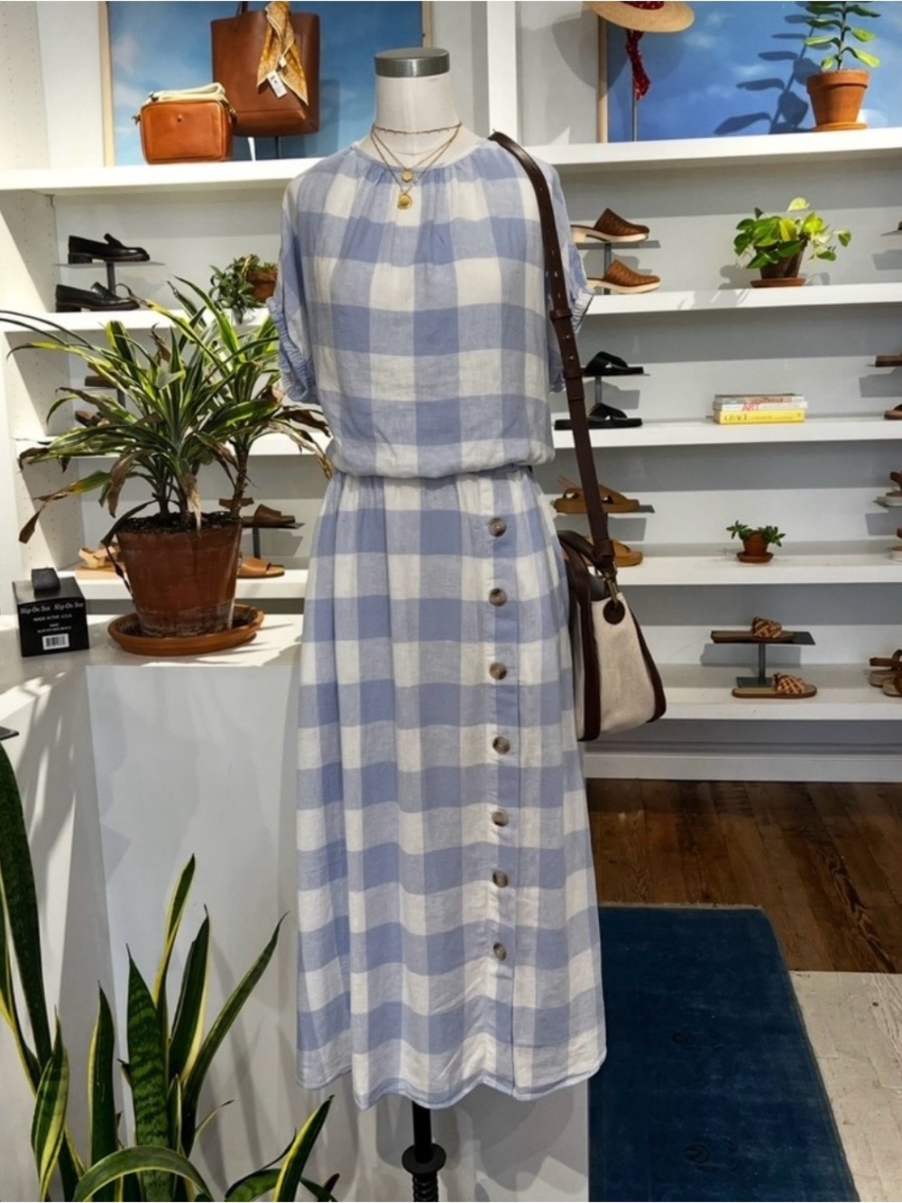 Madewell Linen Blend Blue & White Gingham Button-Front Set